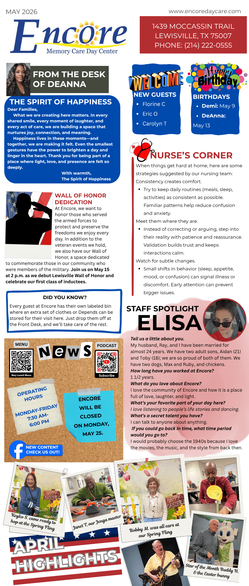 Encore Memory Care May 2026 newsletter flyer